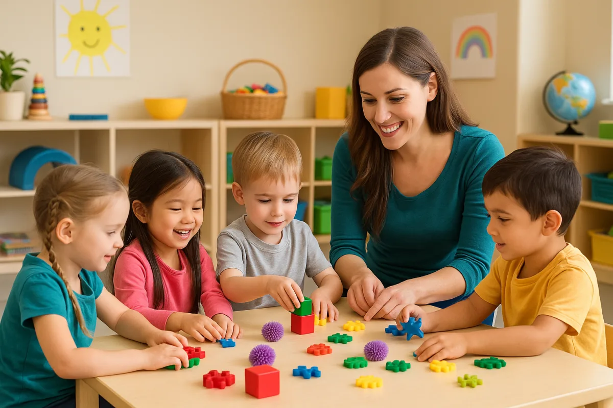 A therapist and four children playing with building blocks at a table during a session