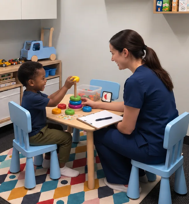 A therapist and a young boy stacking coloured rings at a table during a session
